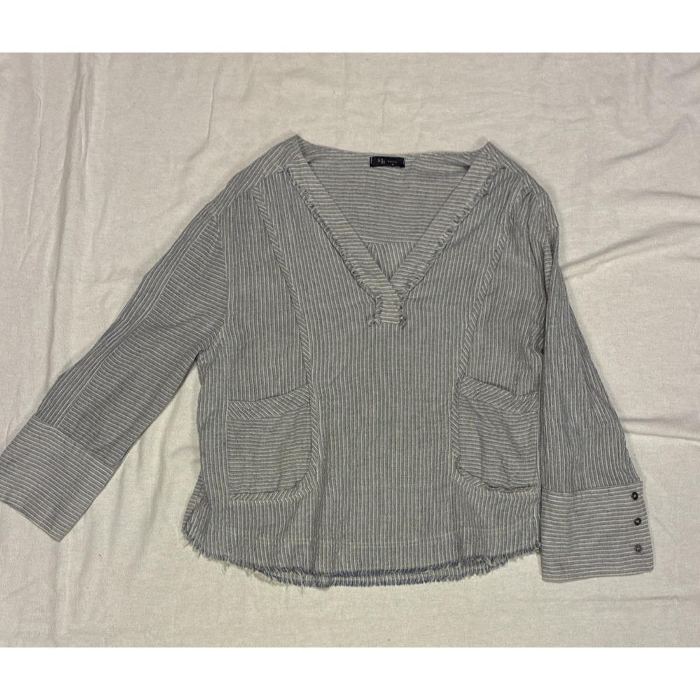 Women's Top Medium Blue Peasant Blouse Striped V-Neck Pockets Boho USA Tunic